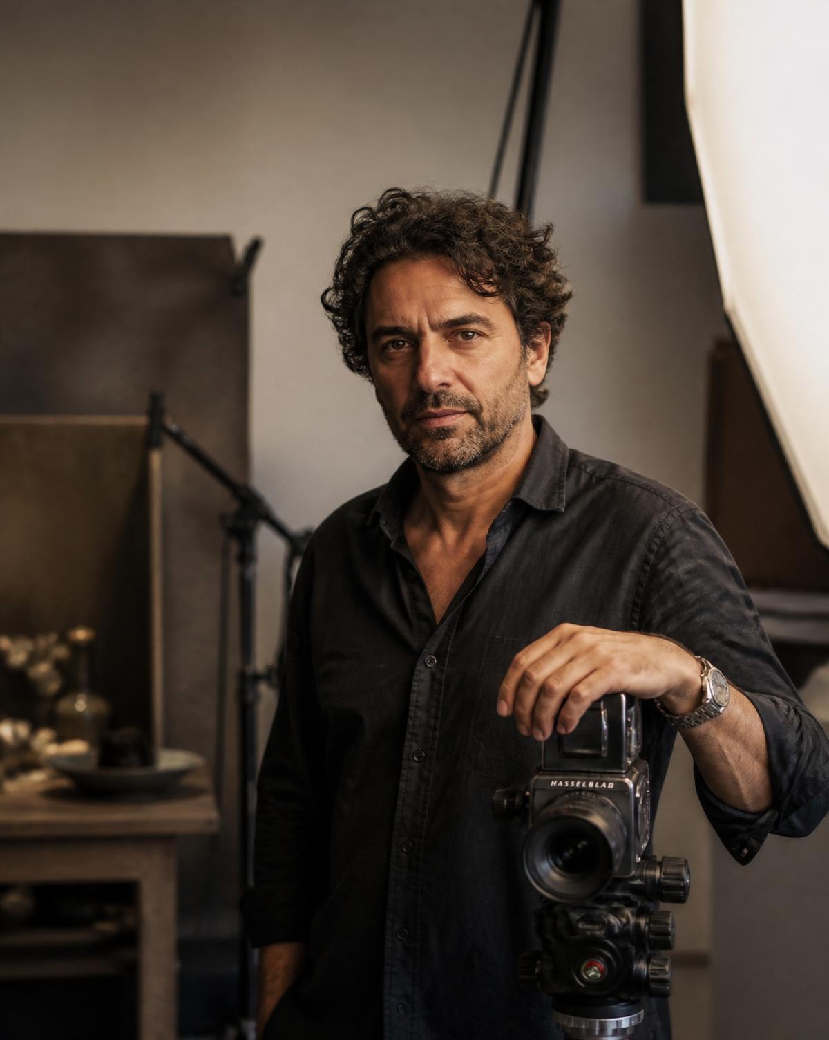 Ritratto ambientato di Francesco Parolin, fotografo, con Hasselblad in studio