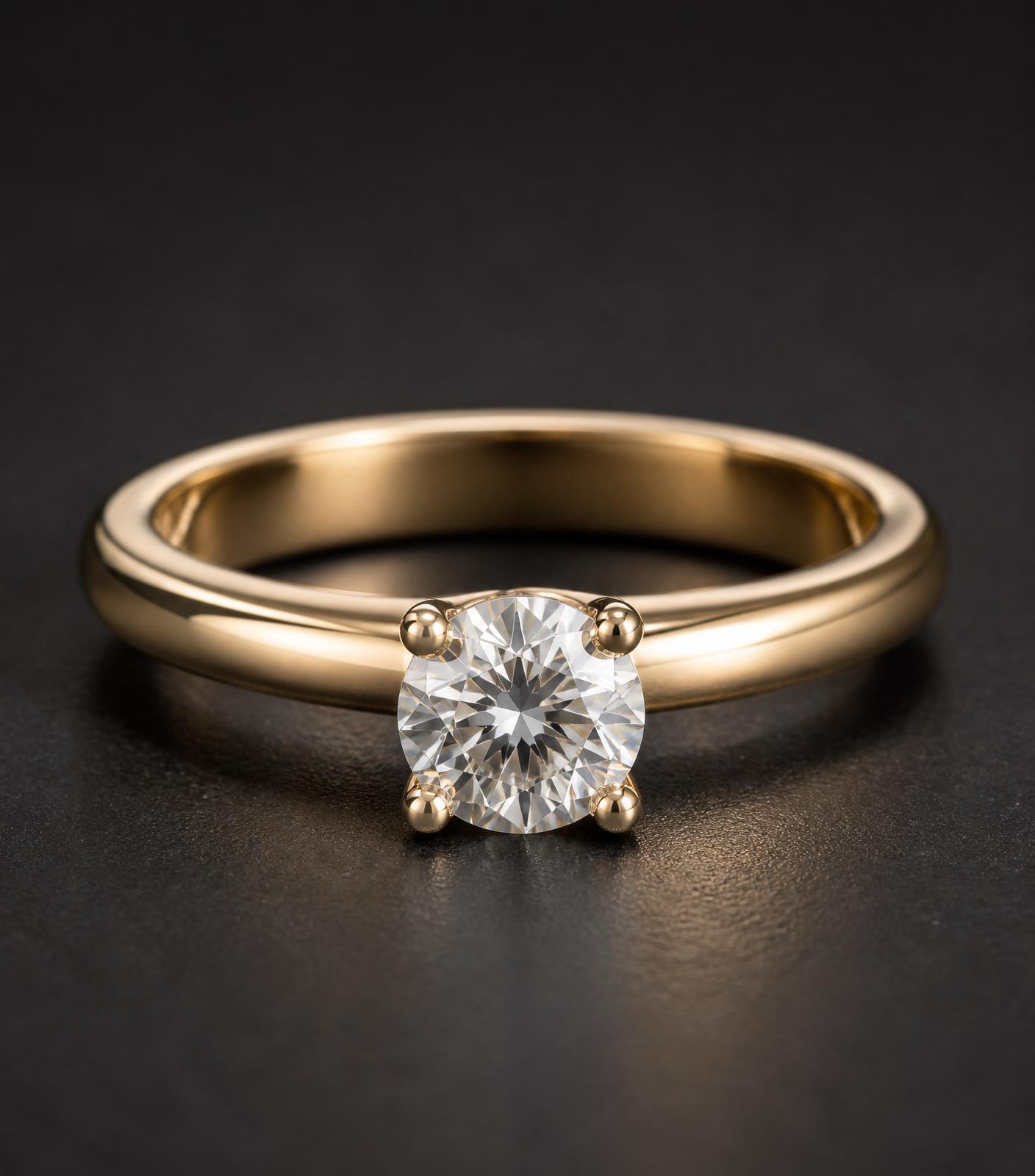Anello solitario in oro giallo su superficie grafite